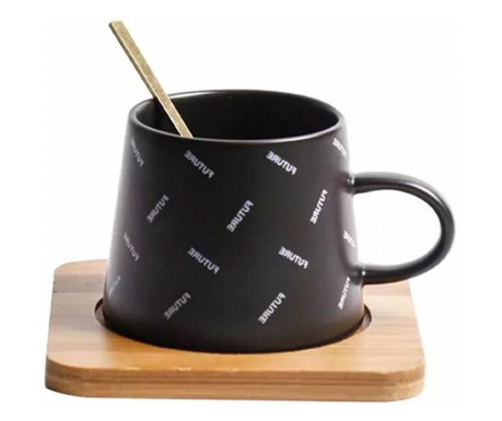 Керамична чаша с дървена поставка и лъжица Pufo Future за кафе или чай, 220 ml, черна