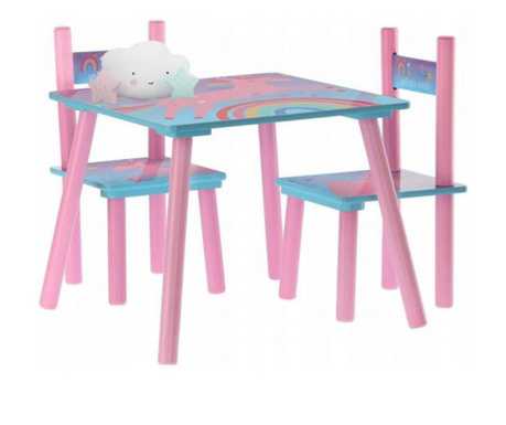 Детски комплект мебели, шарка еднорог и дъга, розово, дърво + mdf, 50x50x42 см, chomik
