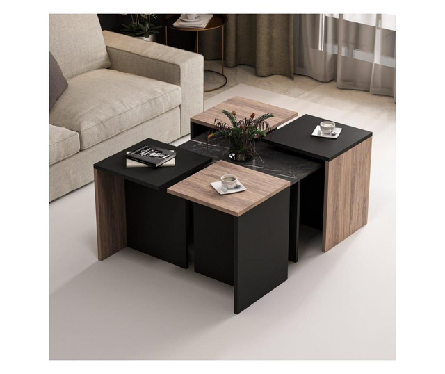 Dohányzóasztal, moduláris, melamin fólia, márvány, fekete és barna, 60x60x42 cm / 35x35x47 cm, Owen, Minar