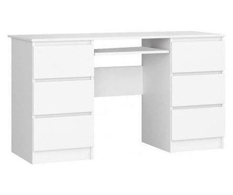 Компютърно бюро, ламинирана плоскост, 6 чекмеджета, 1 рафт, бяло, 135x50x77 см