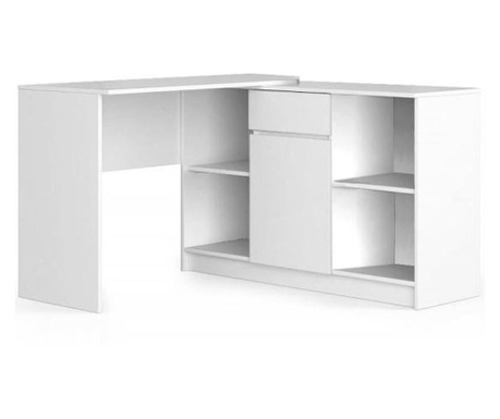 Ъглово бюро за компютър, ламинирана плоскост, 1 чекмедже, 6 рафта, бяло, 120x126x79 / 77 см