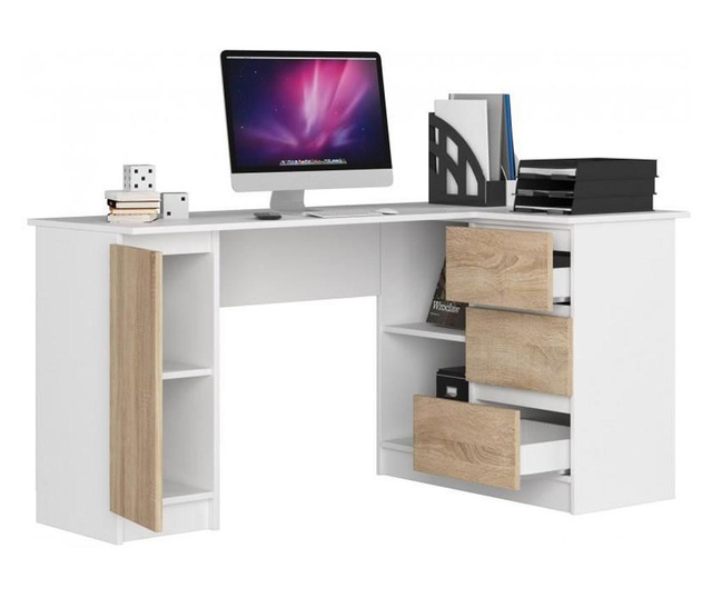Ъглово компютърно бюро, ламинирана дъска, 3 чекмеджета, 4 рафта, бяло и дъбово, 155х85х77 см