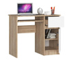 Компютърно бюро, ламинат, 1 чекмедже, 3 рафта, дъбово и бяло, 90х50х77 см, Пиксел