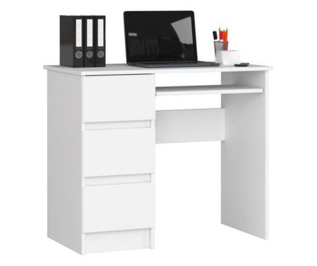 Компютърно бюро, ламинирана плоскост, 3 чекмеджета, ляво, 1 рафт, бяло, 90x50x77 см