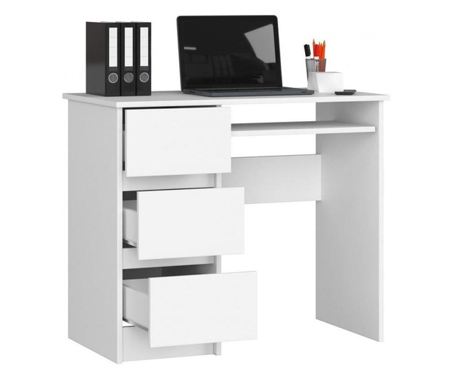Компютърно бюро, ламинирана плоскост, 3 чекмеджета, ляво, 1 рафт, бяло, 90x50x77 см