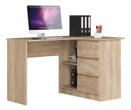 Ъглово бюро за компютър, ламинирана плоскост, 3 чекмеджета, 2 рафта, дясно, дъб, 124x85x77 см