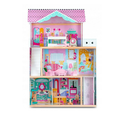 Къща за кукли от дърво и Premium MDF с 3 етажа, вграден асансьор, LED осветление, 17 части, 120 x 82 x 33 см, розова, MCT-K836