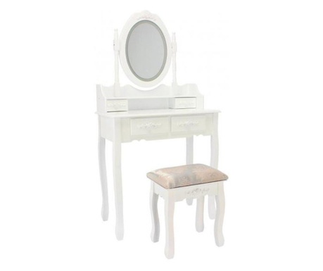 Fésülködőasztal, smink, fehér, LED tükörrel, fiókokkal és lábtartóval, 74x40x143 cm