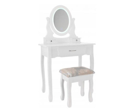 Fésülködőasztal, smink, fehér, LED tükörrel, fiókokkal és székkel, 71x40,5x135 cm