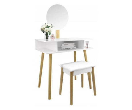 Fésülködőasztal, MCT Beauty smink, fehér, kerek tükörrel, széklet, 75x45x130 cm