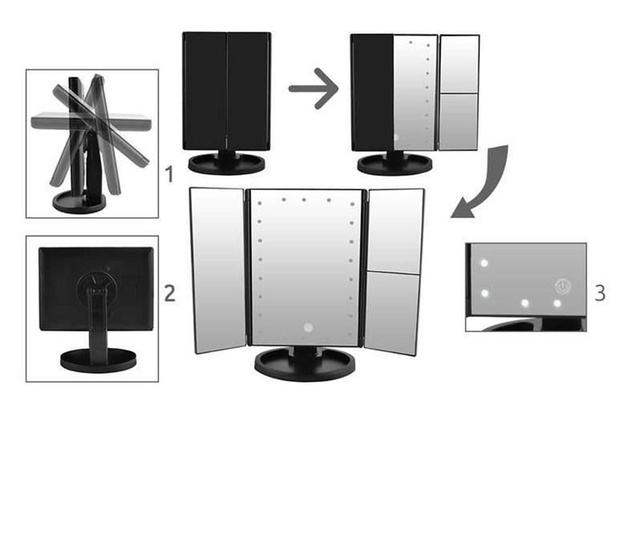 Oglinda cosmetica, cu LED, rotativa, cu marire imagine 1x/2x/3x, negru, 4xAA, USB, 34.5x9x28 cm, Isotrade