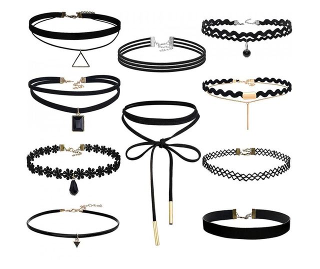 Set 10 coliere pentru gat tip Choker Fashion Black