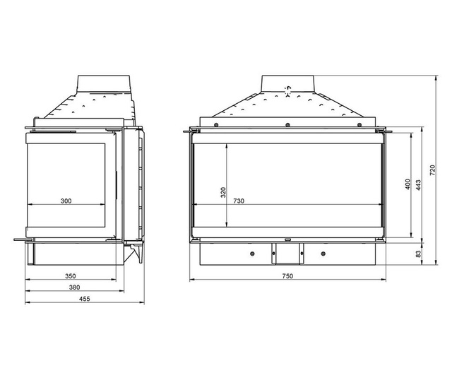 Focar din fonta pentru semineu pe lemne, model kfd eco max 7 standard, 3 laturi sticla, randament 82,5%  750x455x720 mm