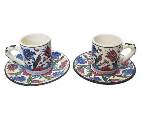 Set cafea turceasca ceramica, pictat manual, 4 piese, alb cu flori albastru, EHA