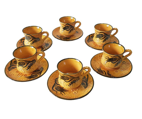 Set cafea turceasca ceramica, pictat manual, 50 ml, 12 piese, oranj, EHA