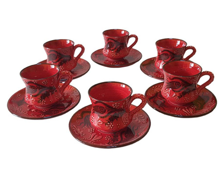 Set cafea turceasca ceramica, pictat manual, 50 ml, 12 piese, rosu, EHA