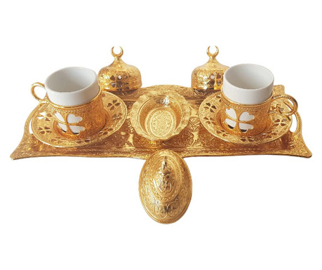 Set cafea turceasca traditional cu model trifoi,11 piese, 29.5 x 13 cm, culoare auriu, sena