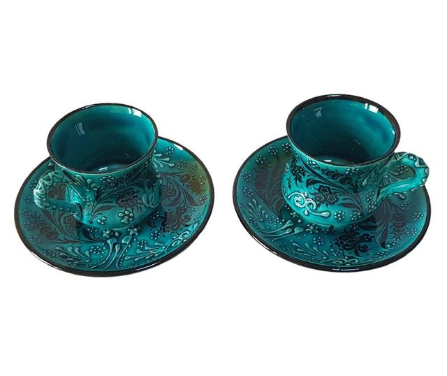 Set cafea turceasca ceramica, pictat manual, 50 ml, 4 piese, verde, EHA