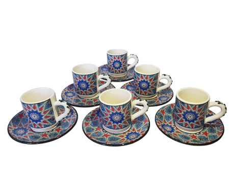 Set cafea turceasca ceramica, pictat manual, 12 piese, cu desen steluta, EHA