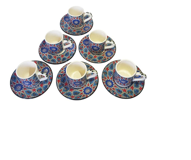 Set cafea turceasca ceramica, pictat manual, 12 piese, cu desen steluta, EHA