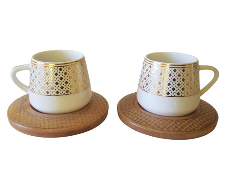 Set 2 cani pentru cafea turceasca, din portelan cu suport din bambus, bambum hanzade, 10.7 × 6 cm