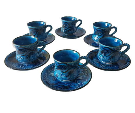 Set cafea turceasca ceramica, pictat manual, 50 ml, 12 piese, albastru, EHA
