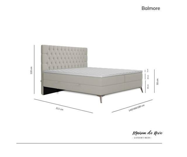 Pat boxspring cu spatiu pentru depozitare Maison De Reve, Balmore, Structura: fag masiv si lemn de pin modificat termic, 200x211