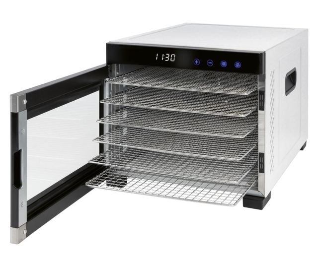 ProfiCook PC-DR 1218 Élelmiszer szárító, 6 rozsdamentes tálca, hőmérséklet 35-75 C, LED kijelző, termosztát, rozsdamentes/fekete