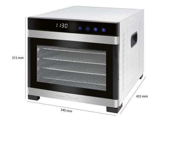 ProfiCook PC-DR 1218 Élelmiszer szárító, 6 rozsdamentes tálca, hőmérséklet 35-75 C, LED kijelző, termosztát, rozsdamentes/fekete