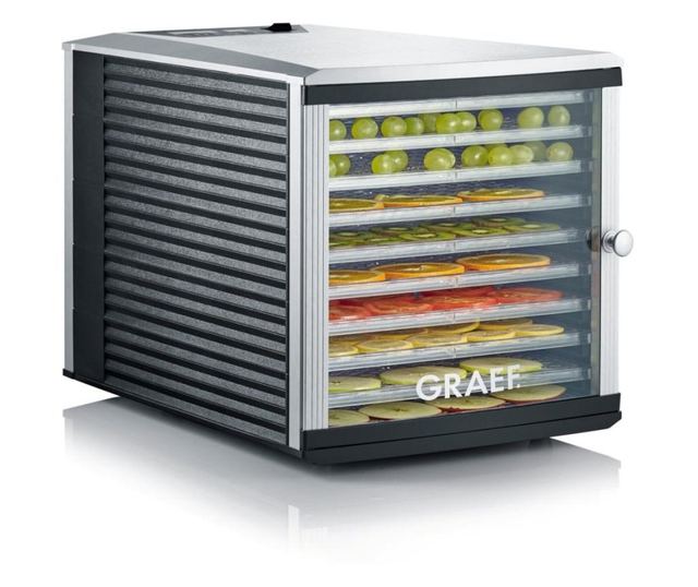 Graef szárító, DA510, 10 db 295 x 365 mm-es tálcával, BPA-mentes, állítható hőmérséklet és termosztát, ezüst