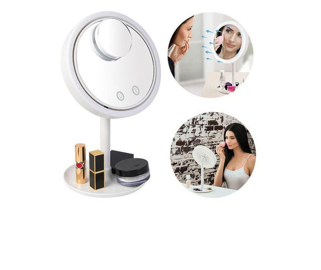 Oglinda fanlight make-up cu led, ventilator si functie touch si oglinda portabila magnetica cu functie de marire 5x, alba, Doty