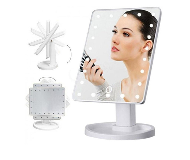 Oglinda dreptunghiulara cosmetica cu iluminare led, rotire 360 de grade, 22 cm oglinda, 16 lumini,cu baterii,usoara si eficienta
