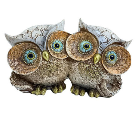 Statueta double owl, forma busfnite, din rasina, lucrata manual, 25 x 15 cm, accente aurii, multicolor,Doty