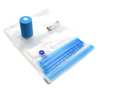 Set mini aparat de vidat blue vacuum food, cu 6 pungi incluse, reincarcabil, dimensiuni reduse, portabil, practic si eficient