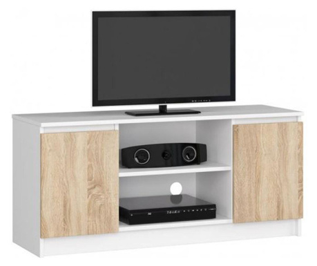 Скрин за телевизор, ламиниран борд, 6 рафта, бял и дъб, 120x40x55 см