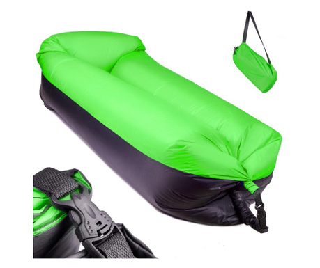Saltea Auto Gonflabila "Lazy Bag" tip sezlong pentru camping, plaja sau piscina, 185 x 70cm, Negru-Verde