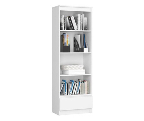 Рафт за съхранение, библиотека, ламинирана плоскост, 1 чекмедже, 4 рафта, бял, 60x35x180 см