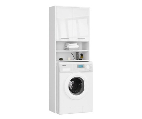 Шкаф за баня с място за пералня, ламиниран плот, 4 рафта, 2 врати, лъскаво бяло, 64x30x180 см