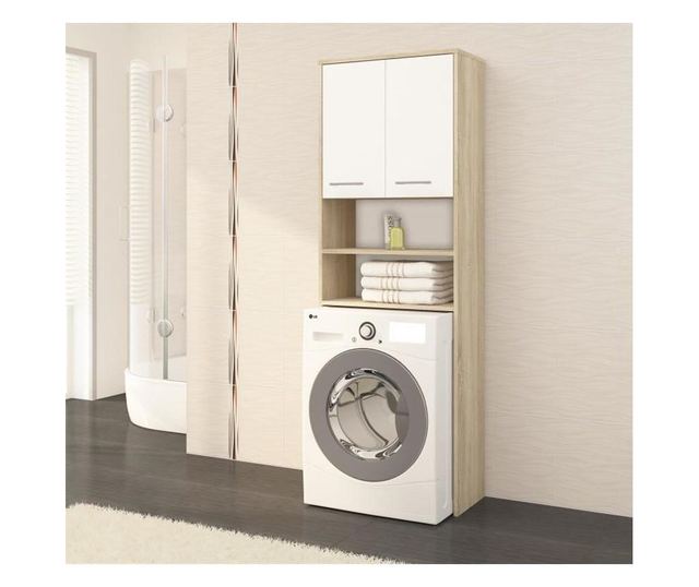 Dulap baie cu loc pentru masina de spalat, placa laminata, 4 rafturi, 2 usi, stejar si alb, 64x30x180 cm