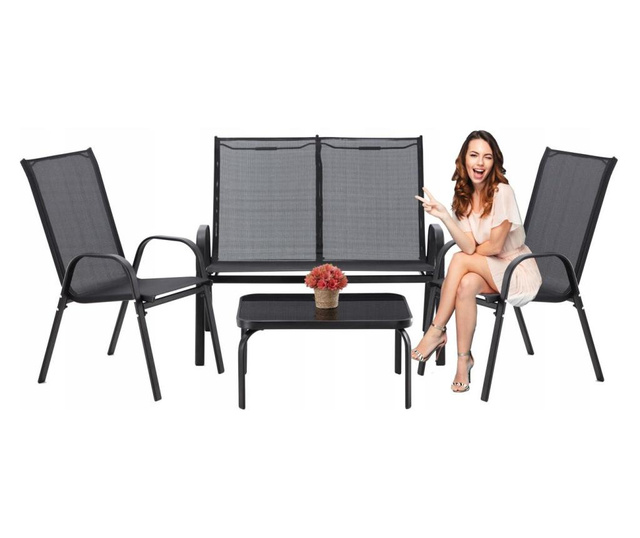 Set mobilier gradina/terasa, negru, 1 masa, 2 scaune, 1 canapea, Mina