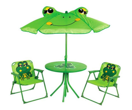 Комплект мебели за детска градина/тераса, сгъваем, зелен, модел брошка, 1 маса с чадър, 2 стола, Мелисенда