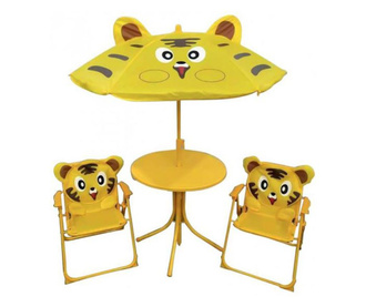 Set mobilier gradina/terasa pentru copii, pliabil, galben, model tigru, 1 masa cu umbrela, 2 scaune, Melisenda