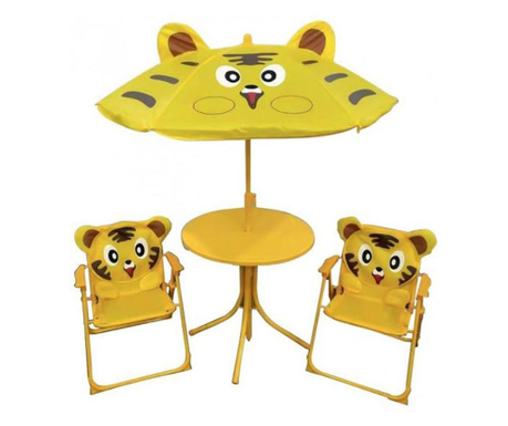 Детски комплект мебели за градина/тераса, сгъваем, жълт, модел тигър, 1 маса с чадър, 2 стола, Мелисенда