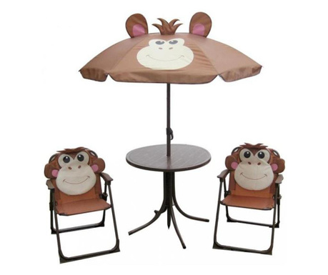 Set mobilier gradina/terasa pentru copii, pliabil, maro, model maimuta, 1 masa cu umbrela, 2 scaune, Melisenda