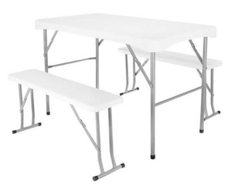 Kerti/teraszi bútorkészlet, összecsukható, fehér, 1 asztal, 2 pad
