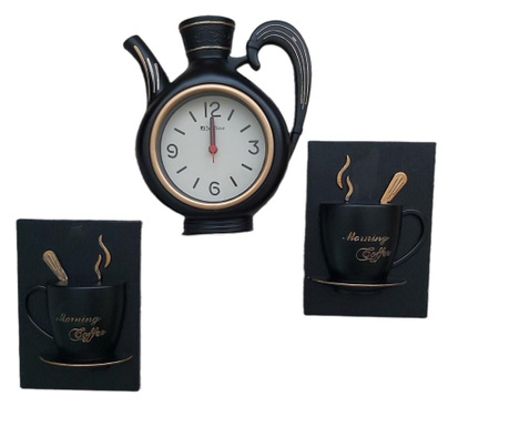 Ceas ceainic si cesti, din 3 elemente, vintage, negru cu auriu