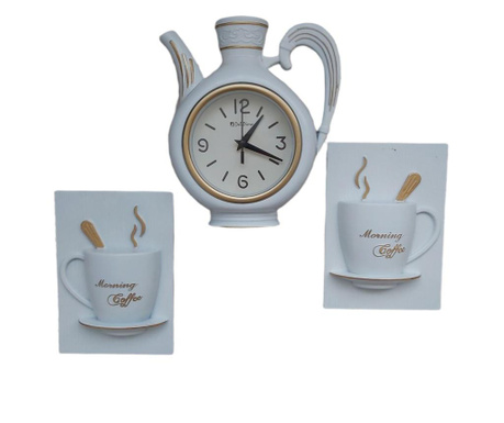 Ceas ceainic si cesti, din 3 elemente, vintage, alb cu auriu