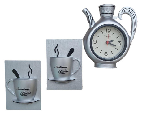 Ceas ceainic si cesti, din 3 elemente, vintage, argintiu