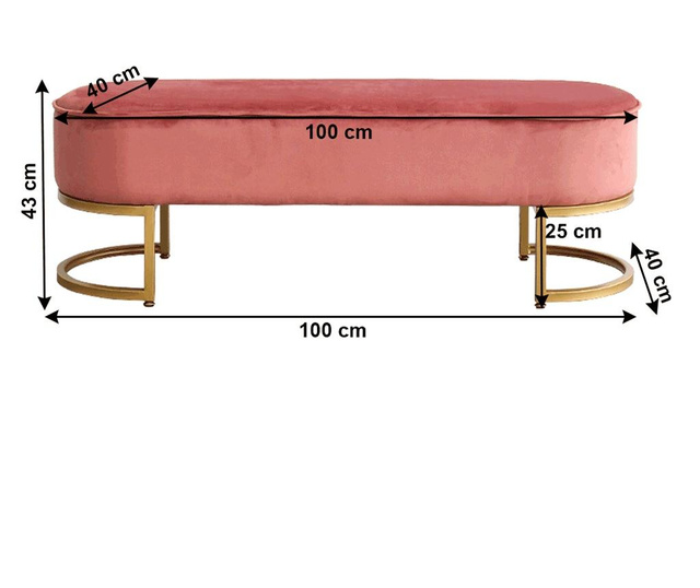 Пейка с тапицерия от розово кадифе, златни хромирани крака, mirila, 100х40х43 см