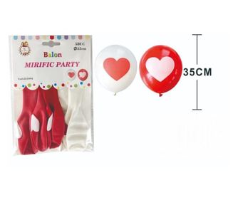 5 db fehér és piros lufi készlet, Szív, Mirific Party, mérete 35 cm
